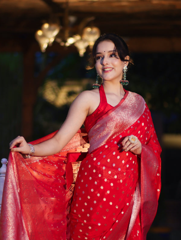 Banarasee Handwoven Chiffon Saree With Polka Dots Design & Border-Red