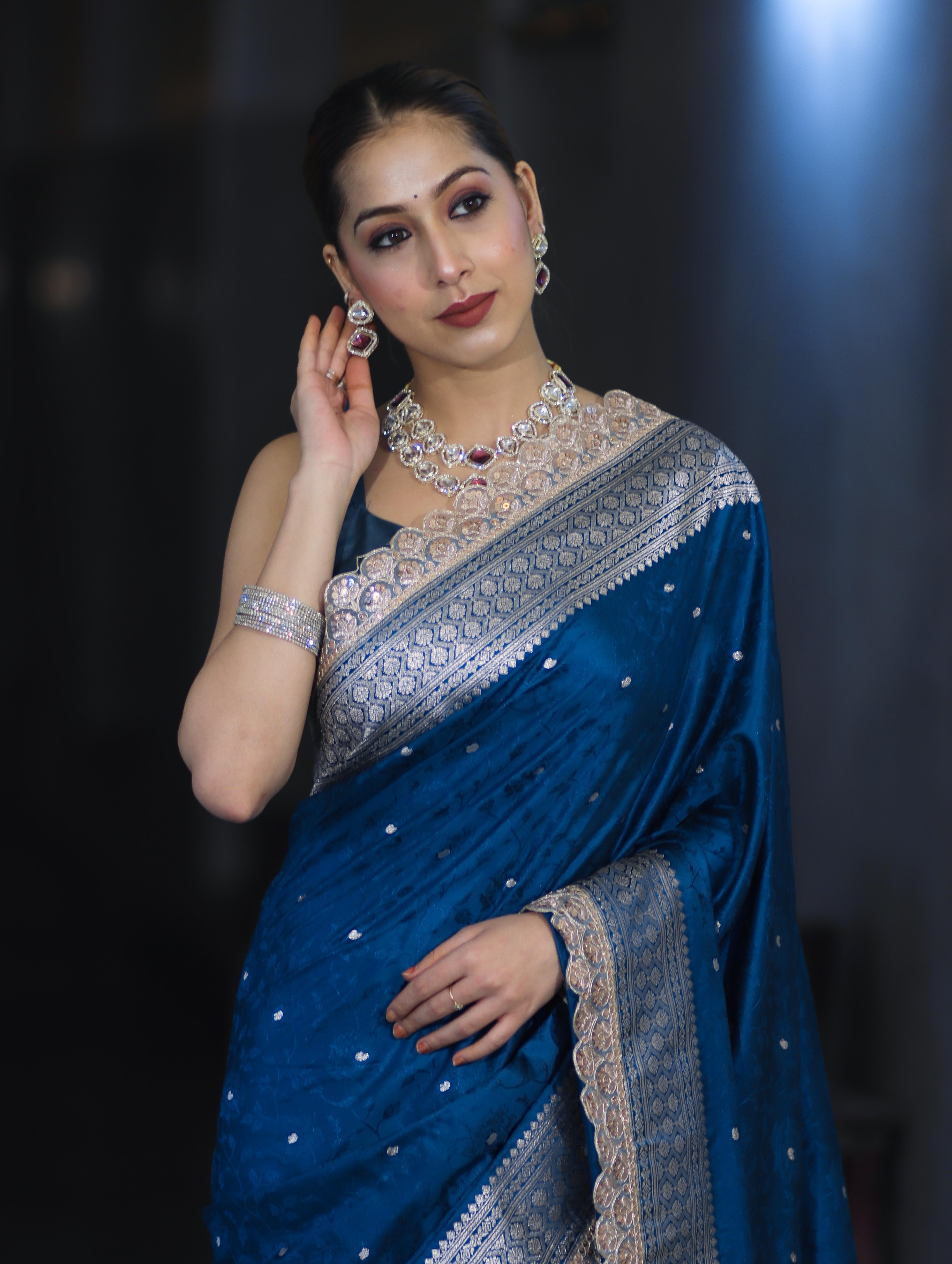 Banarasee Handloom Mashru Silk Saree With Buti Design Zari Border & Lace-Teal Blue