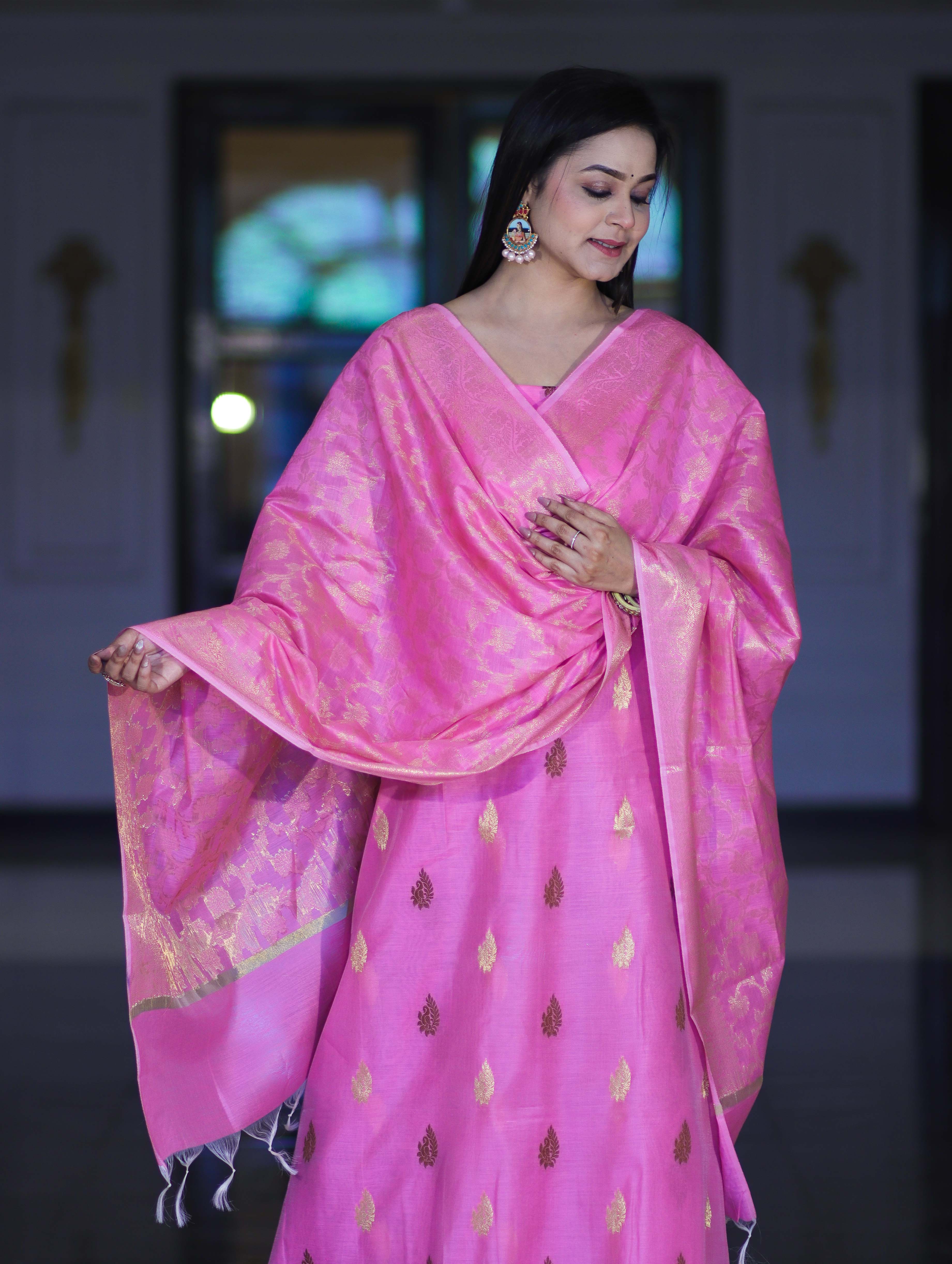 Banarasee Cotton Silk Salwar Kameez Fabric With Zari Jaal Design Dupatta Set-Pink