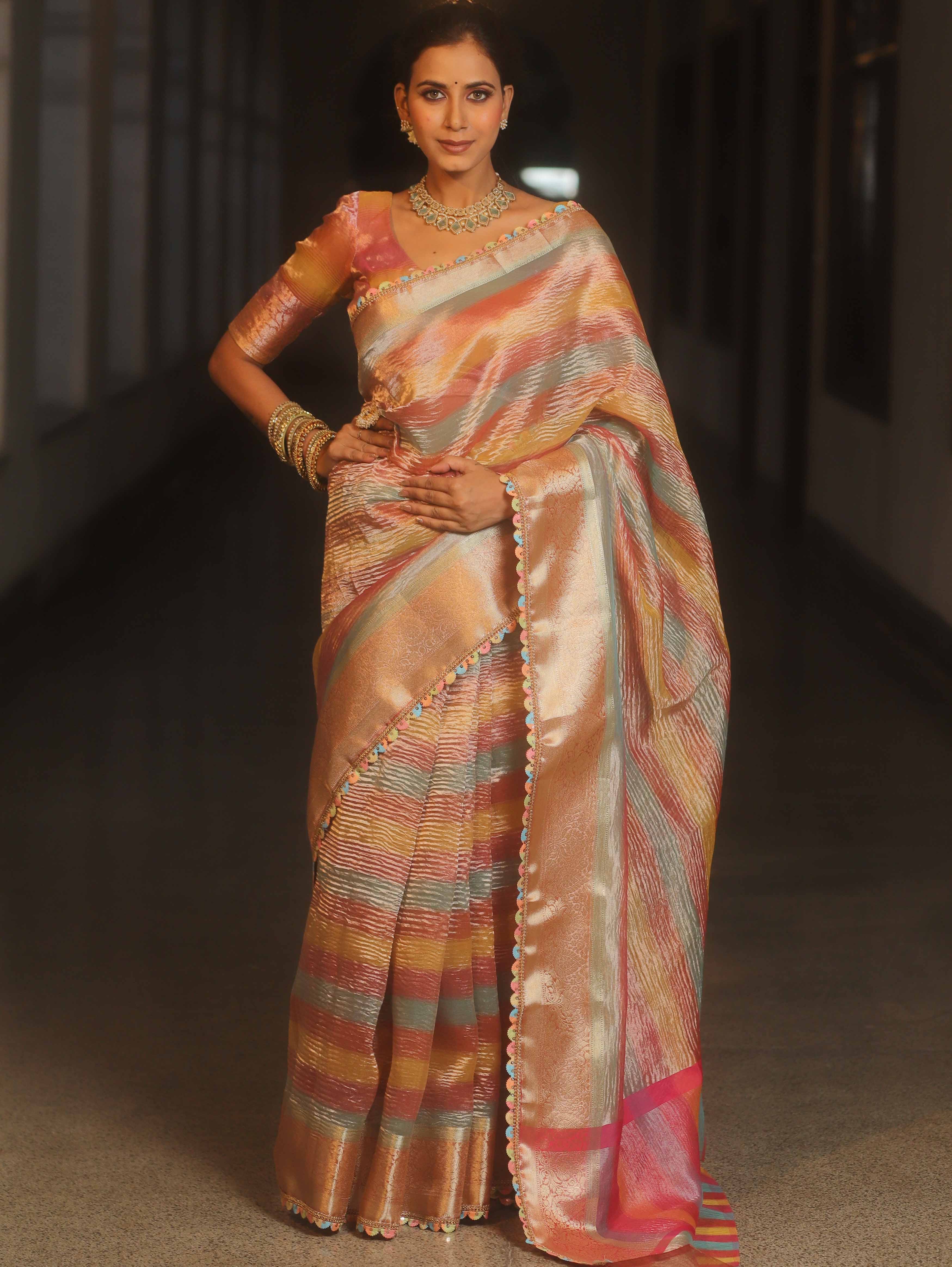 Banarasee Handwoven Crushed Tissue Saree With Lace-Multicolor