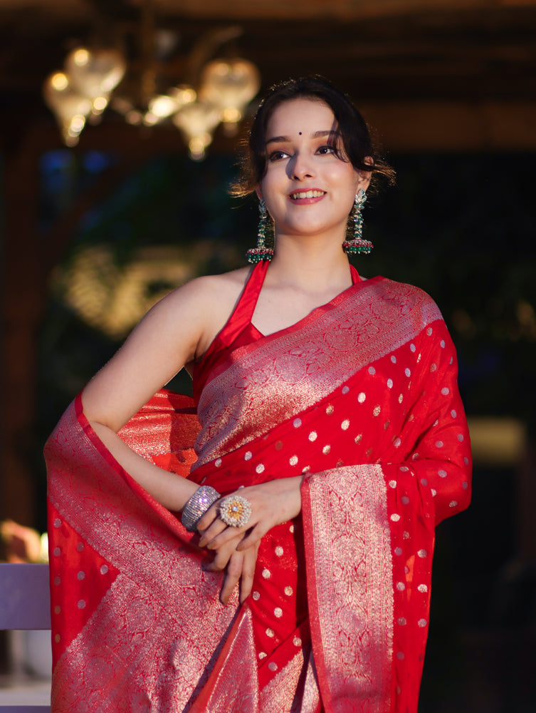Banarasee Handwoven Chiffon Saree With Polka Dots Design & Border-Red