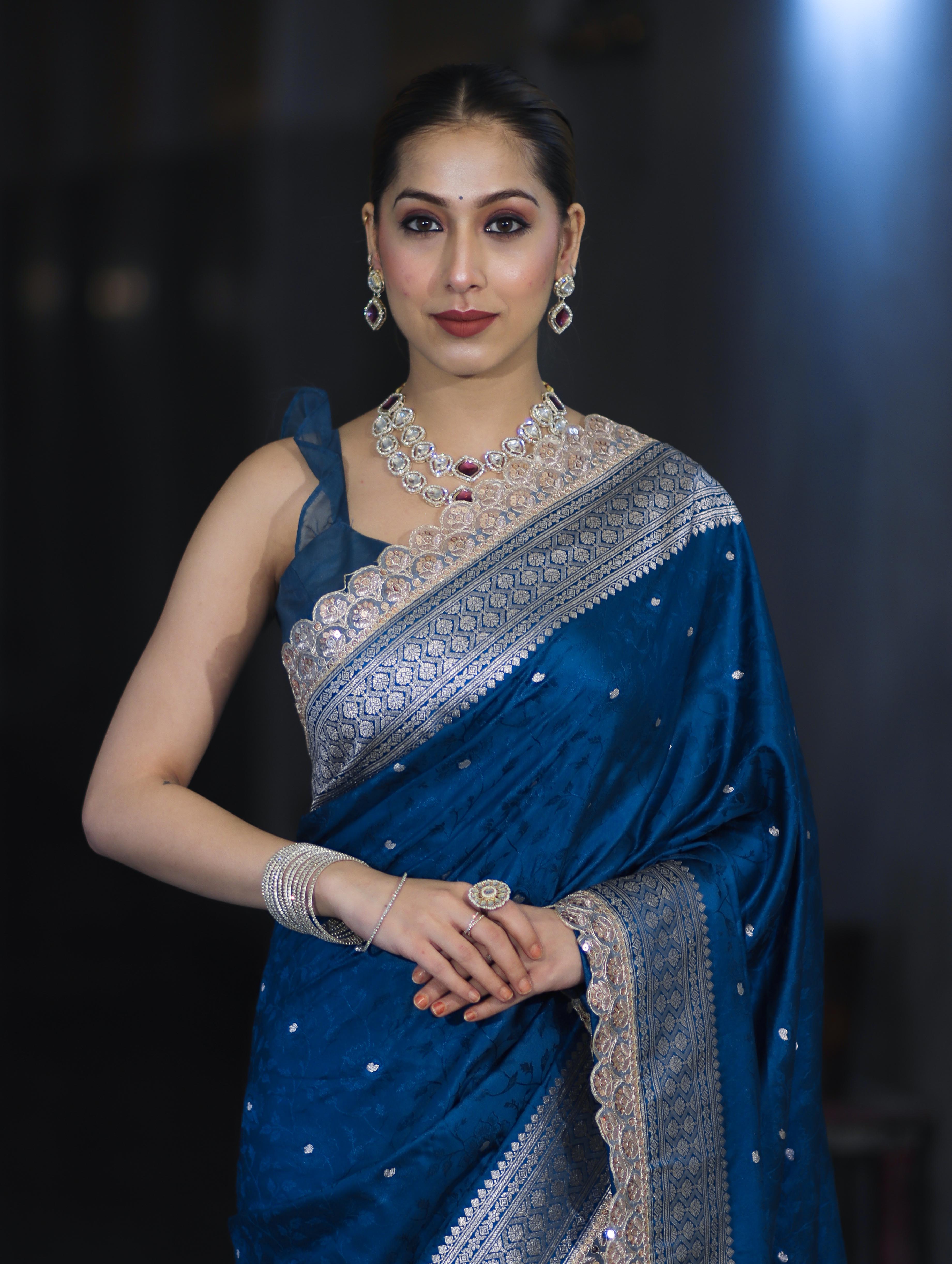 Banarasee Handloom Mashru Silk Saree With Buti Design Zari Border & Lace-Teal Blue