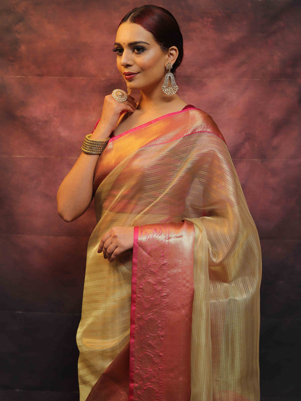 Banarasee Contrast Border Big Buta Tissue Saree-Gold & Pink