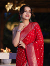 Banarasee Handwoven Chiffon Saree With Polka Dots Design & Border-Red