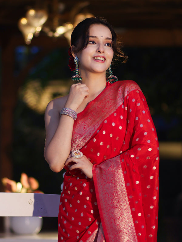 Banarasee Handwoven Chiffon Saree With Polka Dots Design & Border-Red