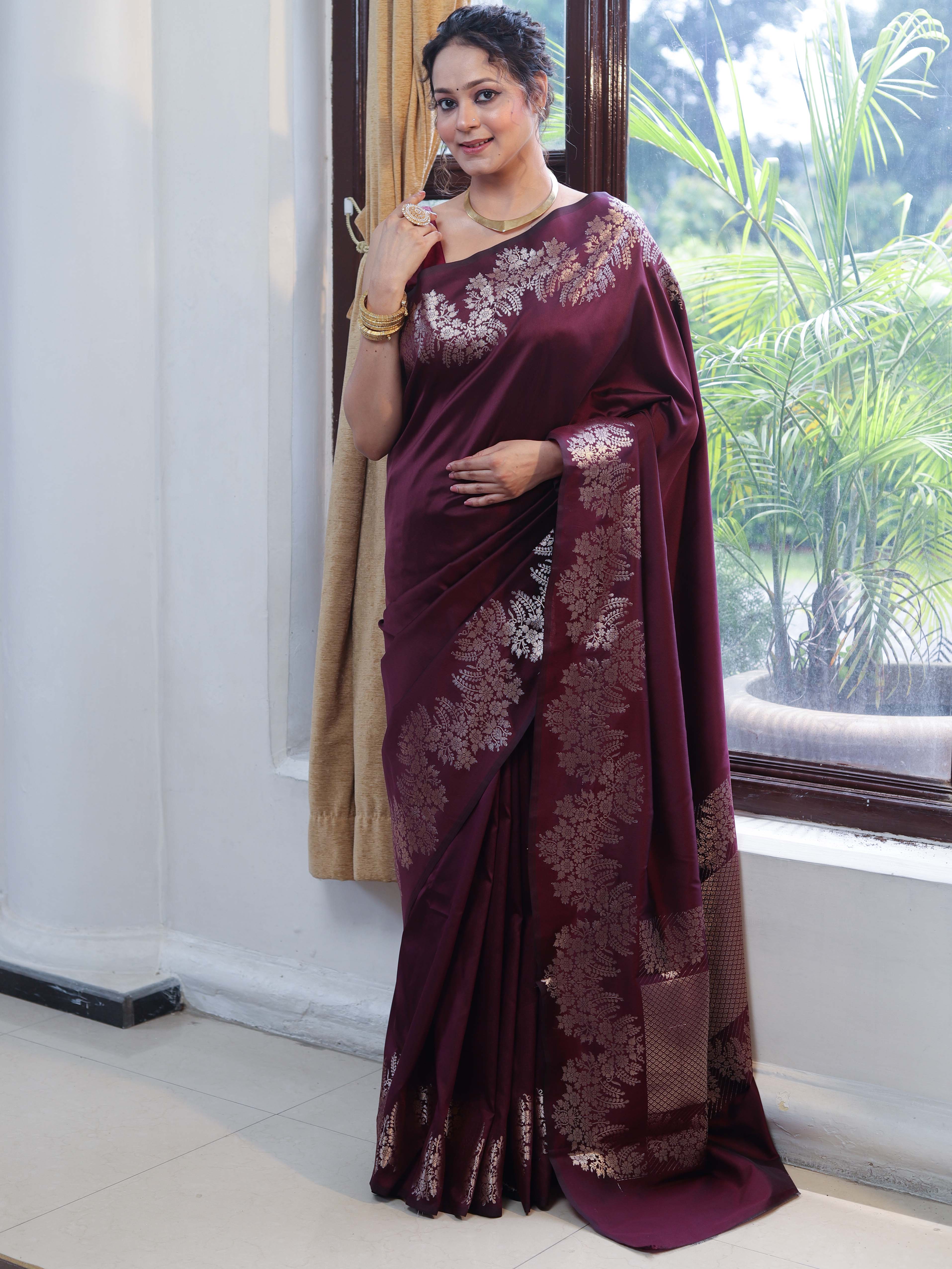 Banarasee Handwoven Semi Silk Saree With Zari Border-Wine