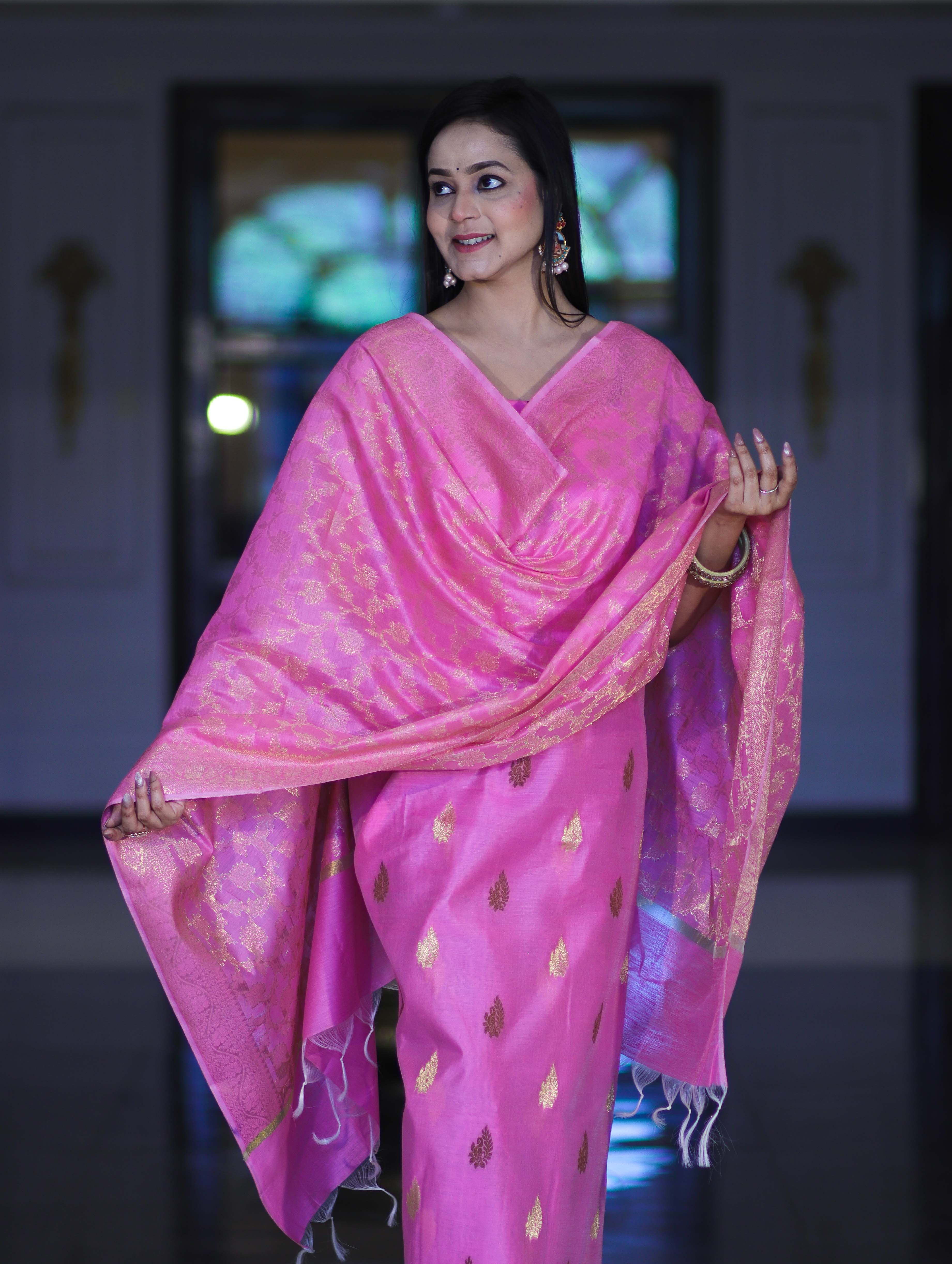 Banarasee Cotton Silk Salwar Kameez Fabric With Zari Jaal Design Dupatta Set-Pink