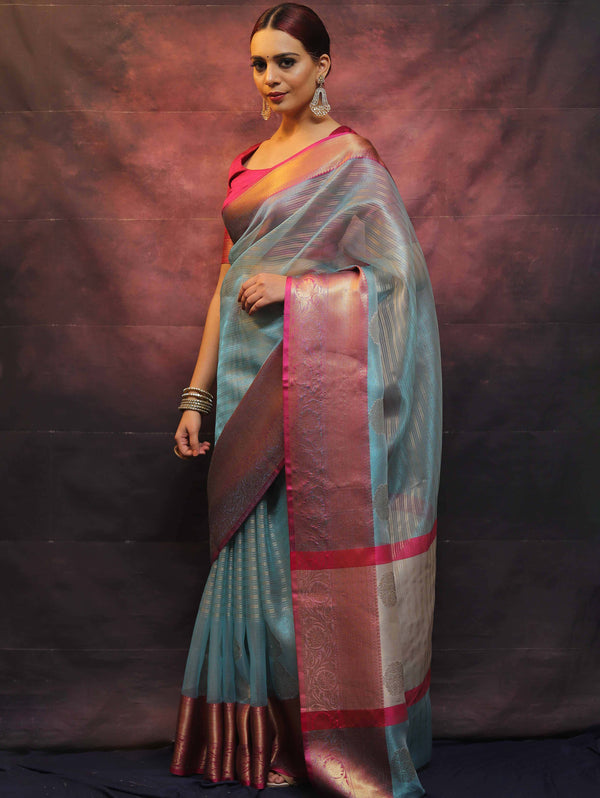 Banarasee Contrast Border Big Buta Tissue Saree-Blue & Pink
