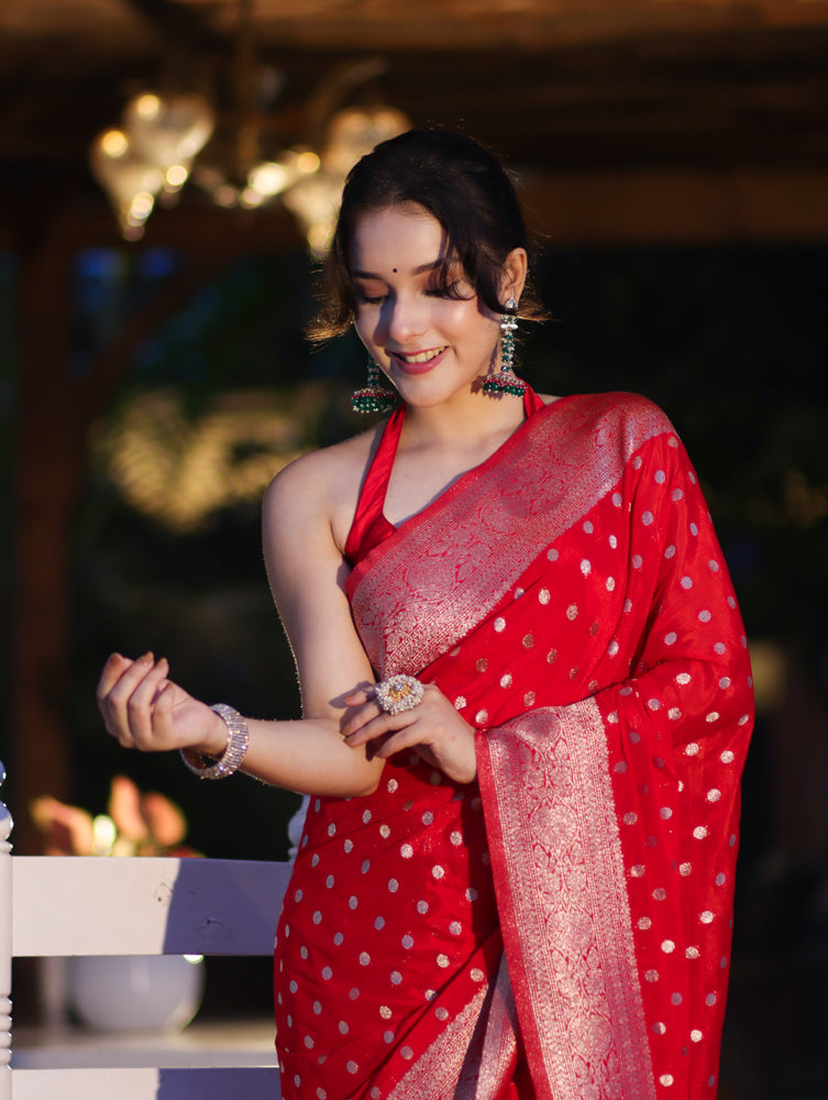 Banarasee Handwoven Chiffon Saree With Polka Dots Design & Border-Red