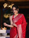 Banarasee Handwoven Chiffon Saree With Polka Dots Design & Border-Red