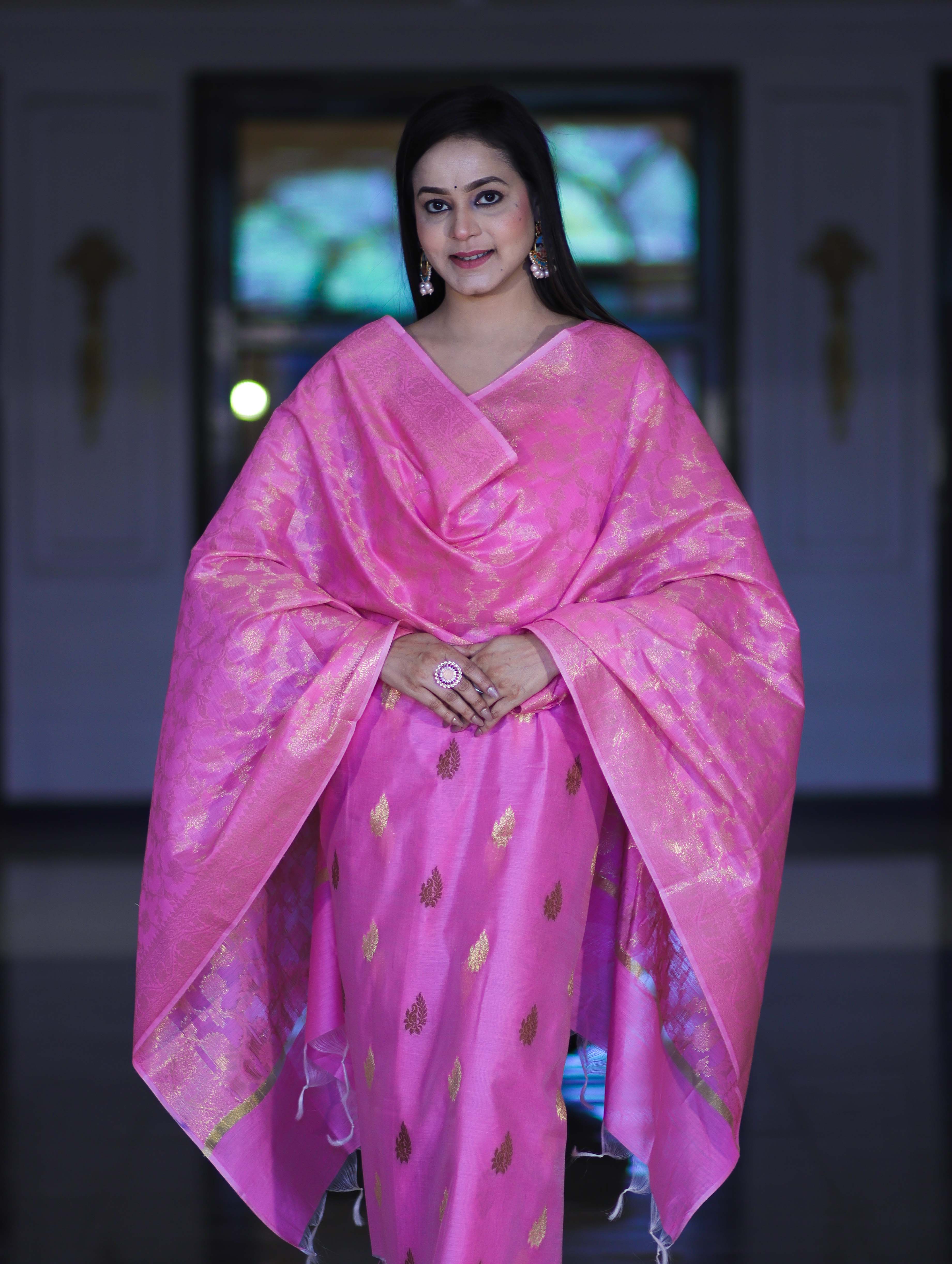 Banarasee Cotton Silk Salwar Kameez Fabric With Zari Jaal Design Dupatta Set-Pink