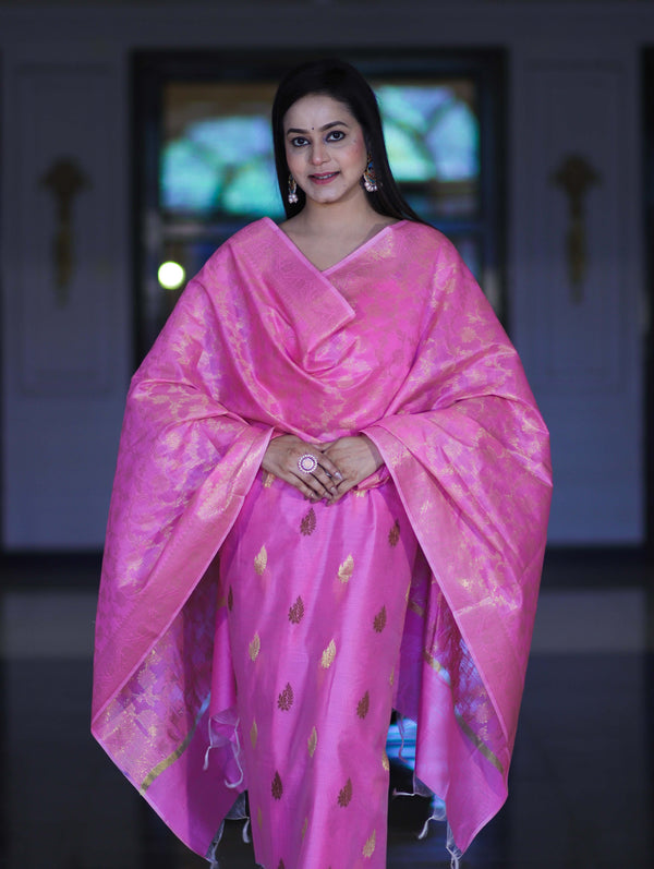 Banarasee Cotton Silk Salwar Kameez Fabric With Zari Jaal Design Dupatta Set-Pink