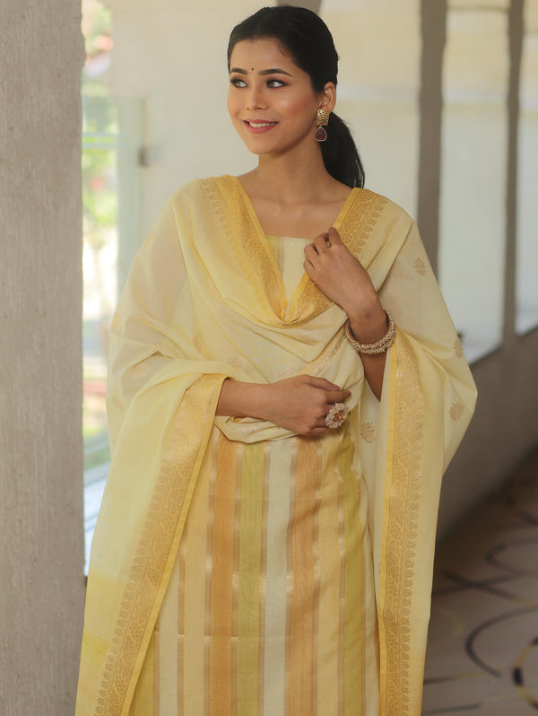 Banarasee Handloom Chanderi Cotton Zari Work Salwar Kameez Fabric With Dupatta Set-Yellow