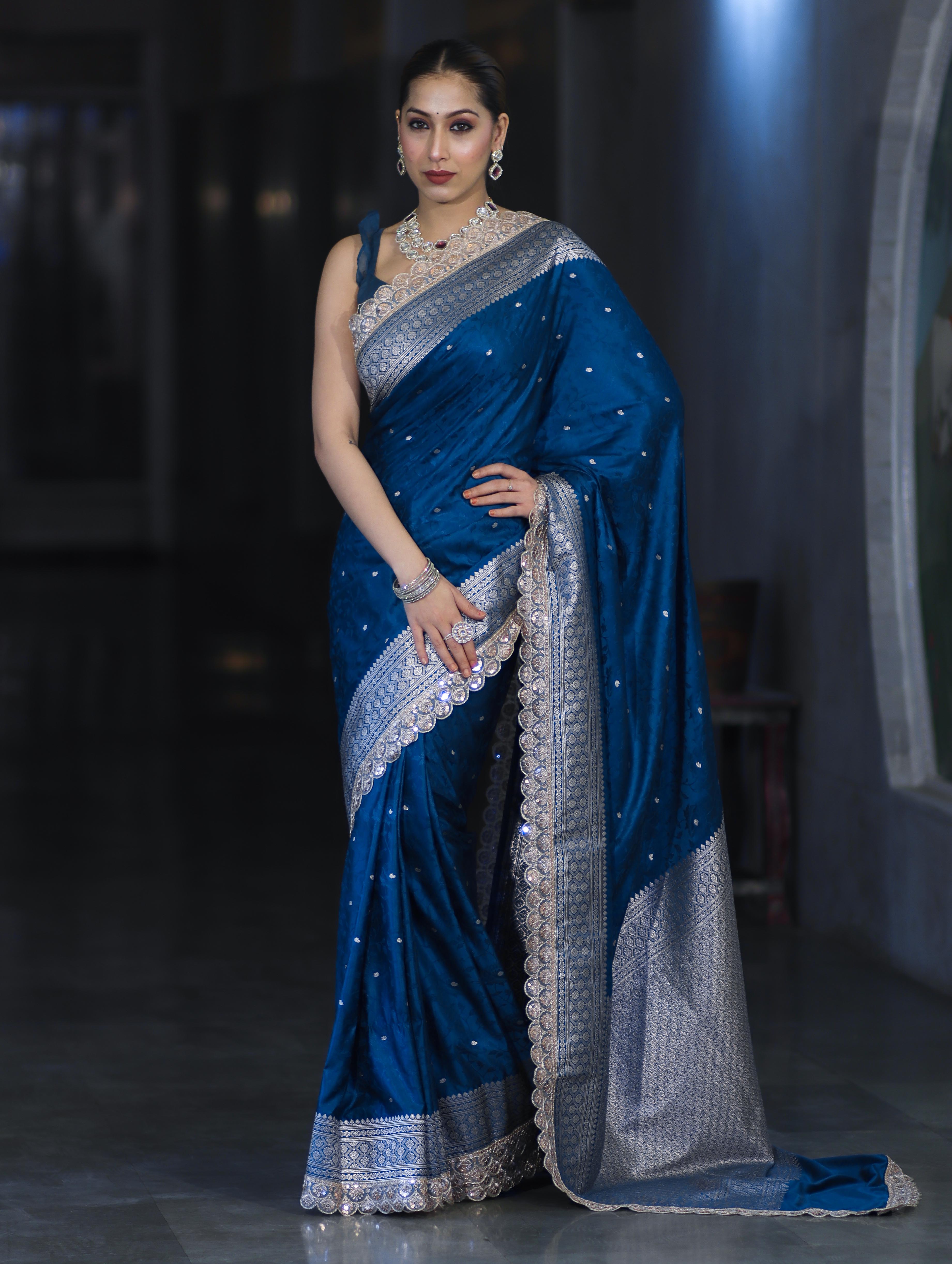 Banarasee Handloom Mashru Silk Saree With Buti Design Zari Border & Lace-Teal Blue