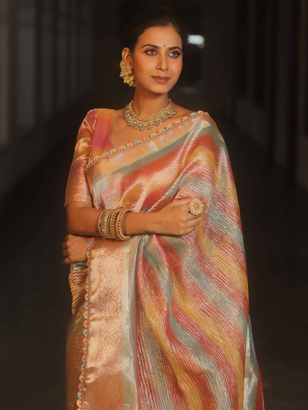 Banarasee Handwoven Crushed Tissue Saree With Lace-Multicolor