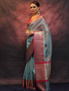 Banarasee Contrast Border Big Buta Tissue Saree-Blue & Pink