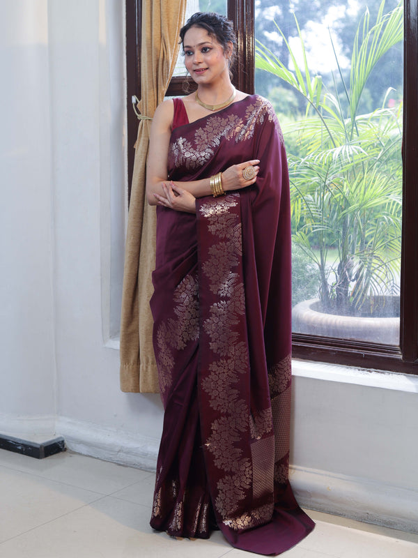 Banarasee Handwoven Semi Silk Saree With Zari Border-Wine