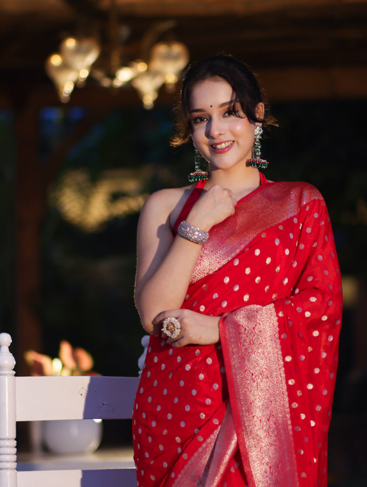 Banarasee Handwoven Chiffon Saree With Polka Dots Design & Border-Red