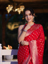Banarasee Handwoven Chiffon Saree With Polka Dots Design & Border-Red