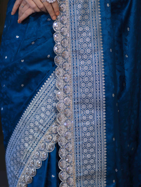 Banarasee Handloom Mashru Silk Saree With Buti Design Zari Border & Lace-Teal Blue