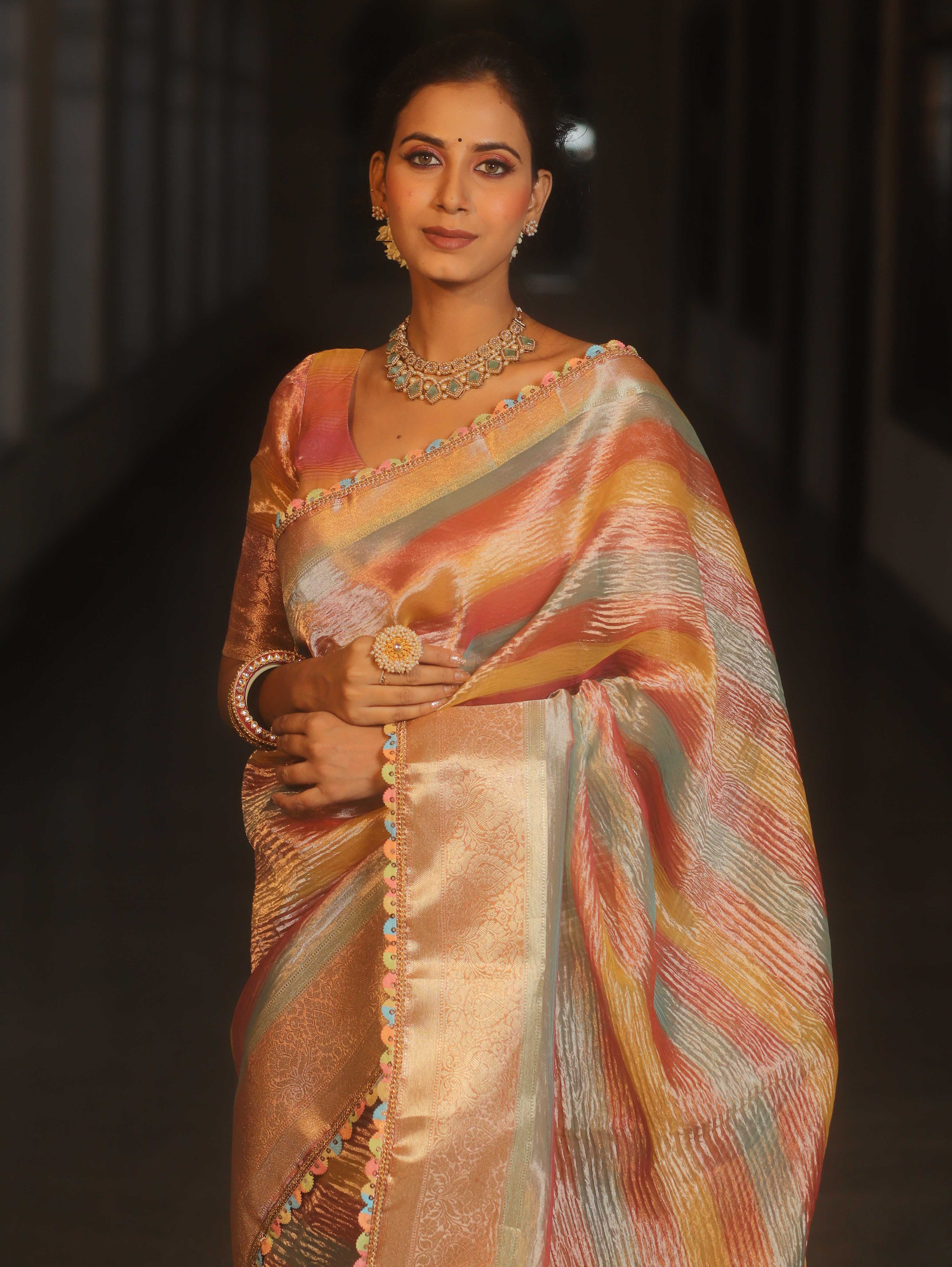 Banarasee Handwoven Crushed Tissue Saree With Lace-Multicolor