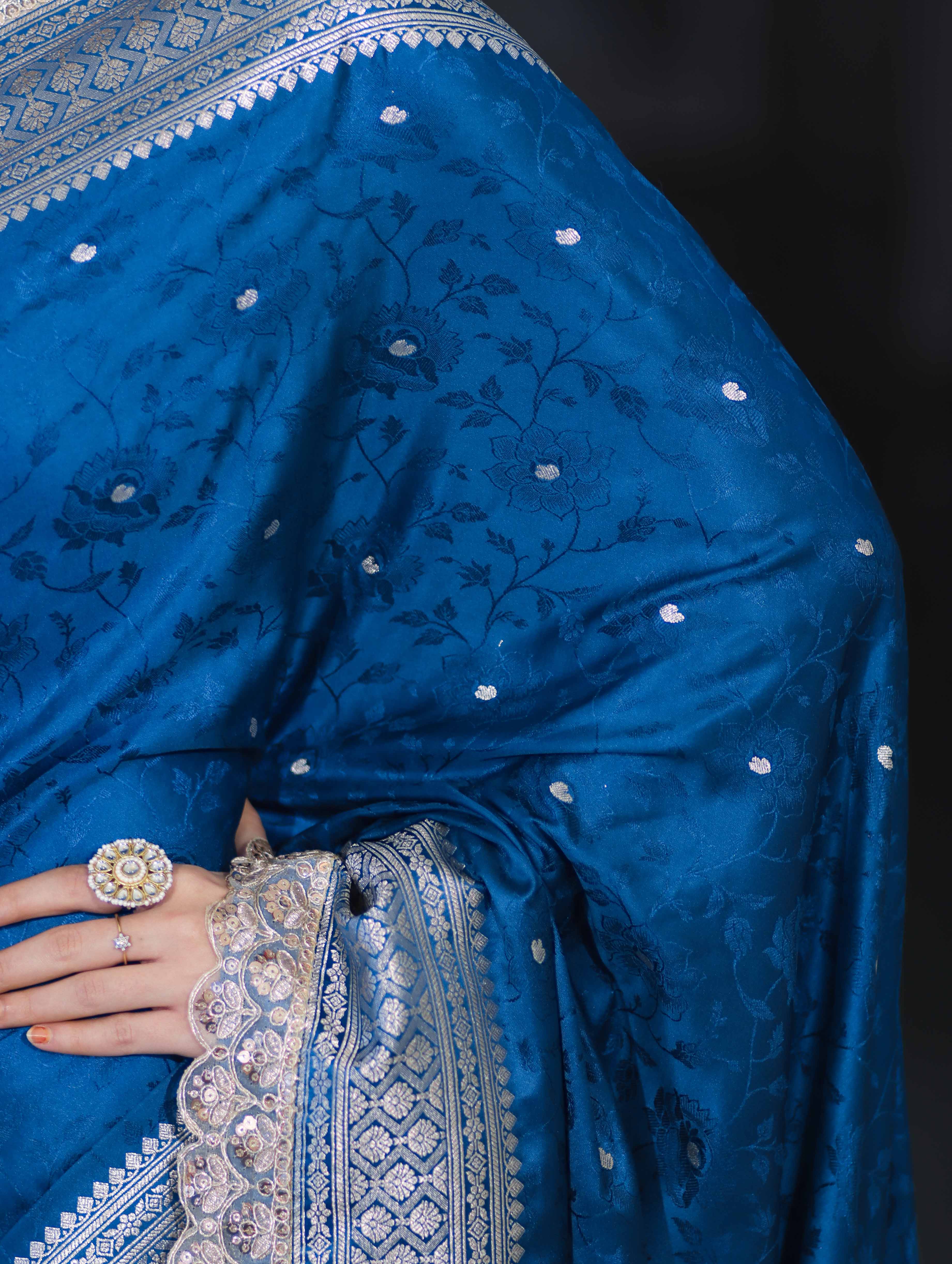 Banarasee Handloom Mashru Silk Saree With Buti Design Zari Border & Lace-Teal Blue