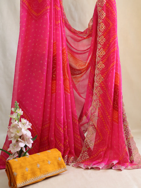 Banarasee Chiffon Bandhani Print Saree & Hand Work With Contrast Blouse-Pink