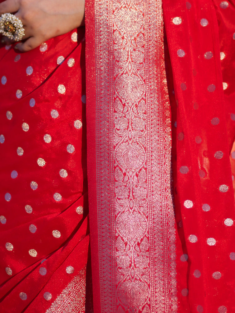 Banarasee Handwoven Chiffon Saree With Polka Dots Design & Border-Red