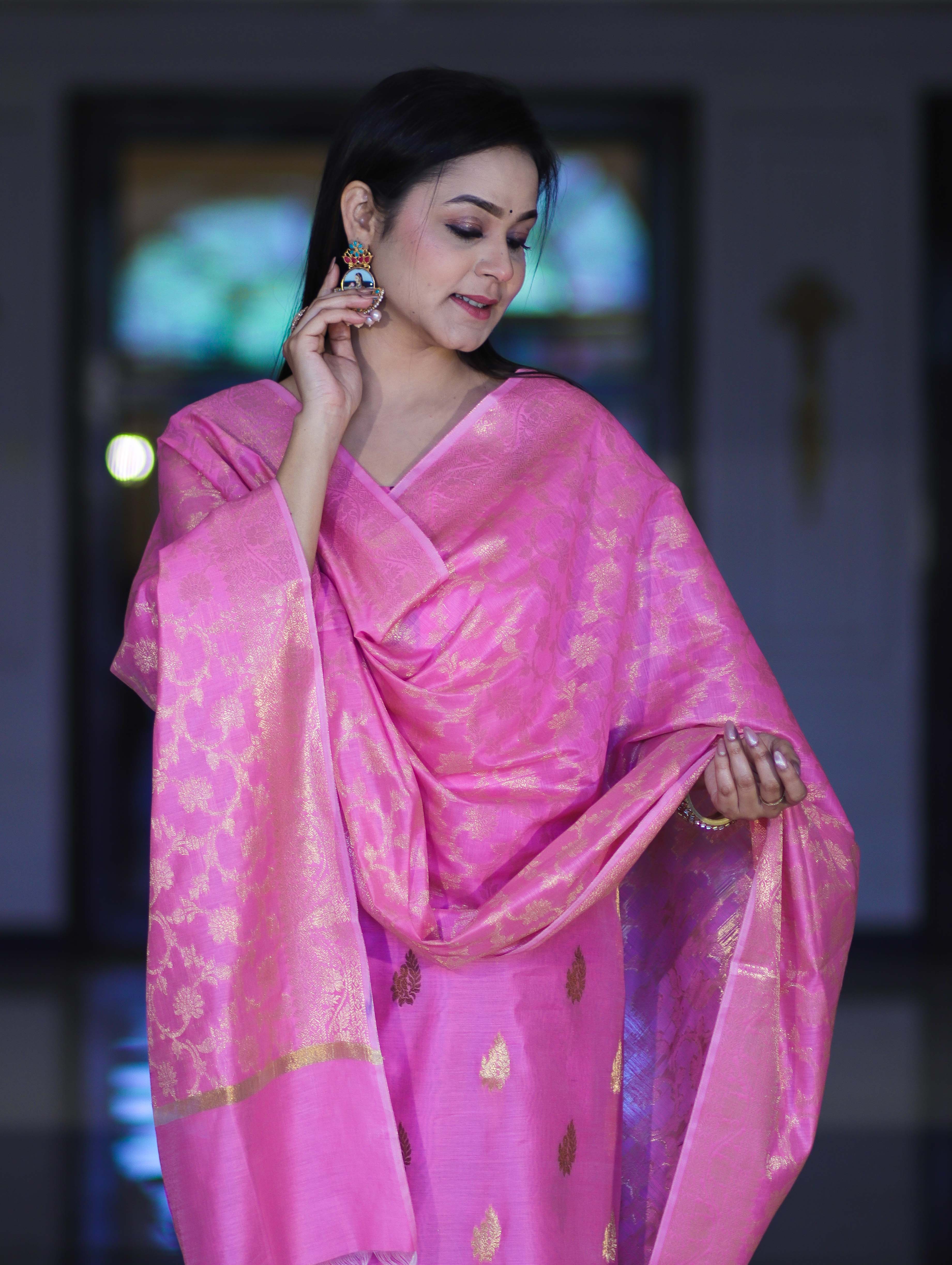 Banarasee Cotton Silk Salwar Kameez Fabric With Zari Jaal Design Dupatta Set-Pink