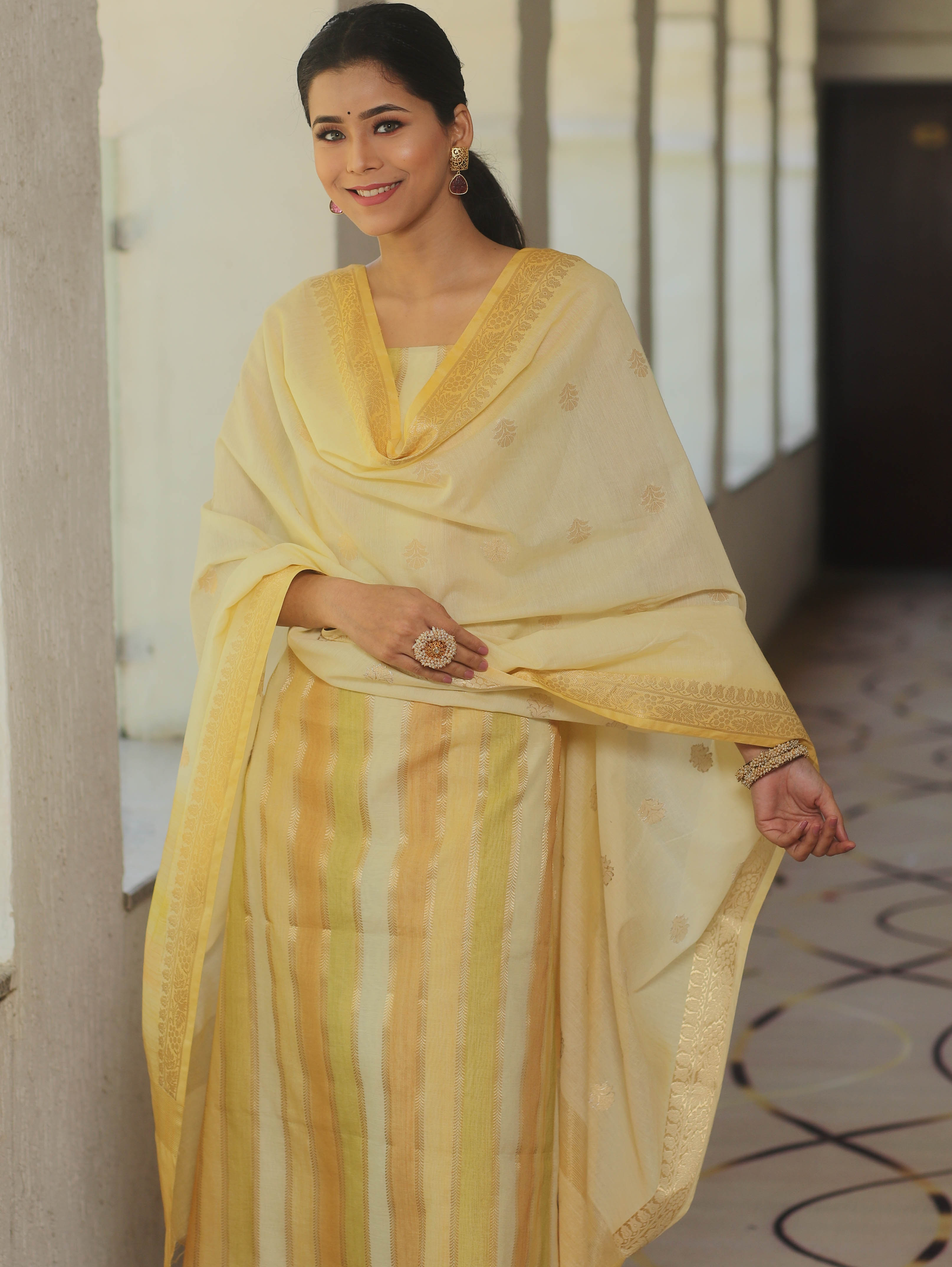 Banarasee Handloom Chanderi Cotton Zari Work Salwar Kameez Fabric With Dupatta Set-Yellow
