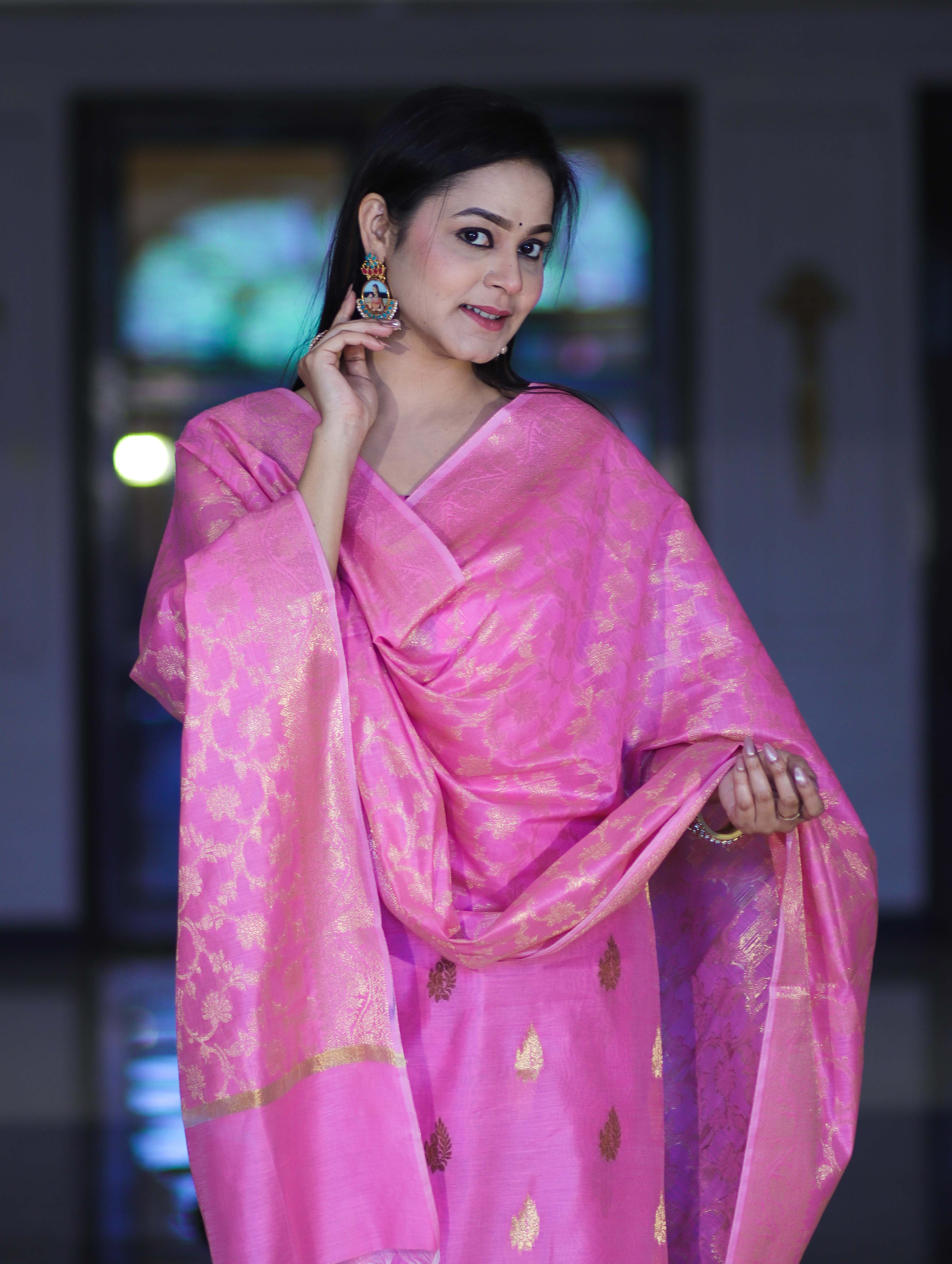 Banarasee Cotton Silk Salwar Kameez Fabric With Zari Jaal Design Dupatta Set-Pink