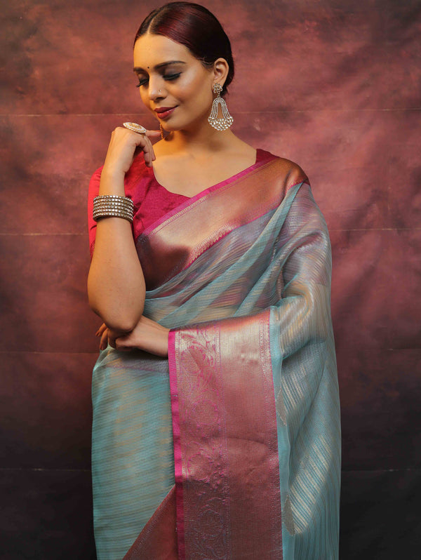 Banarasee Contrast Border Big Buta Tissue Saree-Blue & Pink