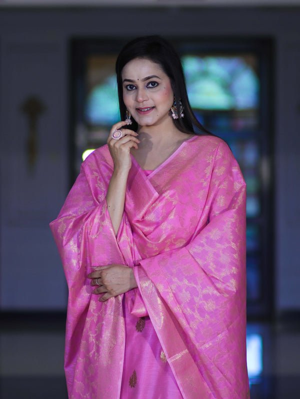 Banarasee Cotton Silk Salwar Kameez Fabric With Zari Jaal Design Dupatta Set-Pink