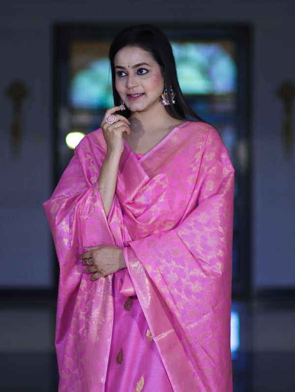 Banarasee Cotton Silk Salwar Kameez Fabric With Zari Jaal Design Dupatta Set-Pink