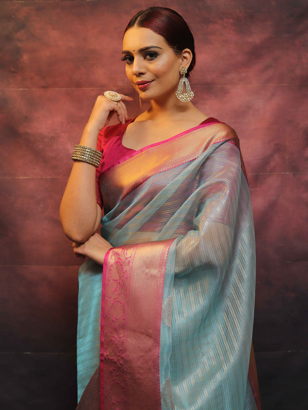 Banarasee Contrast Border Big Buta Tissue Saree-Blue & Pink