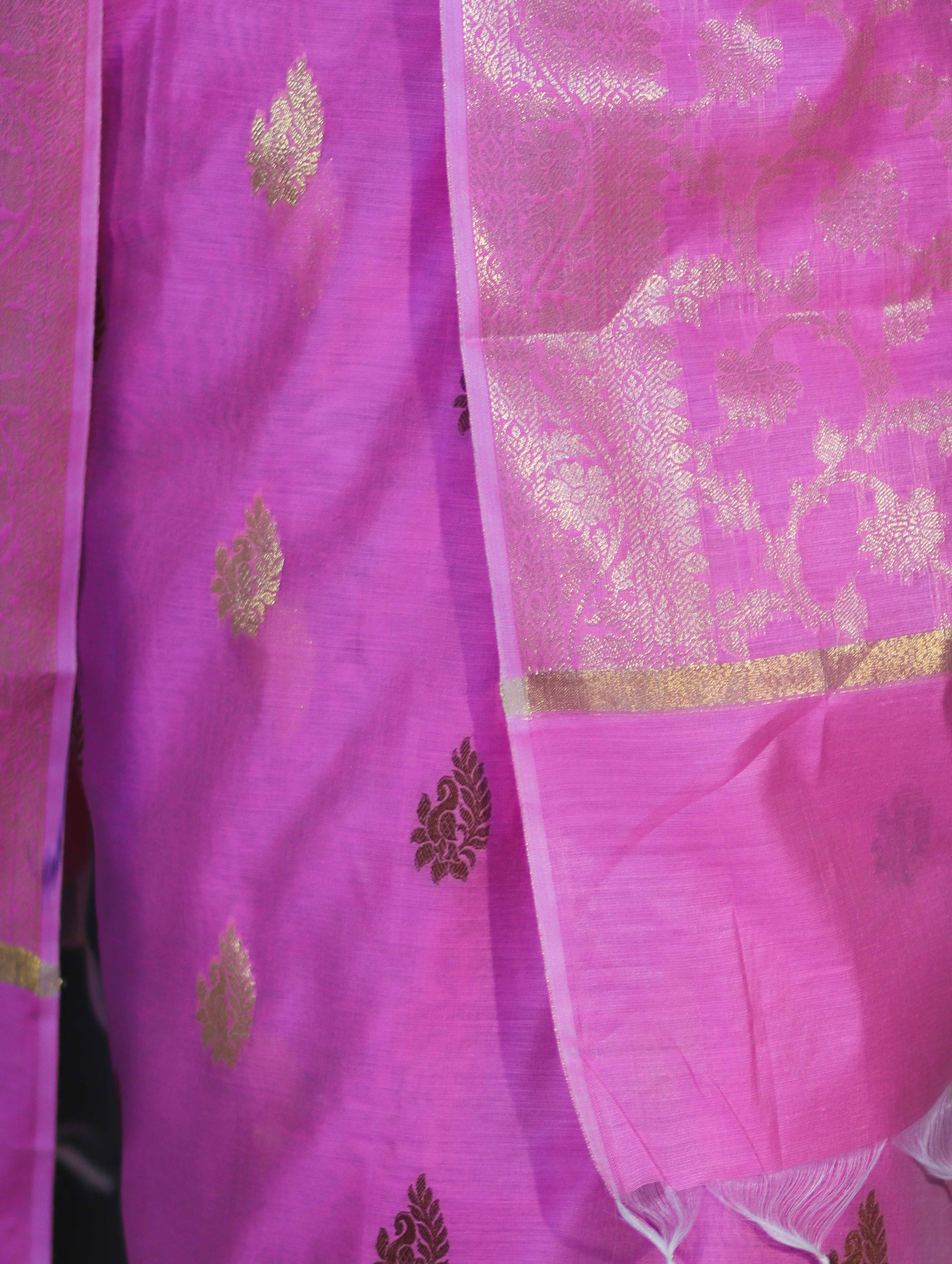 Banarasee Cotton Silk Salwar Kameez Fabric With Zari Jaal Design Dupatta Set-Pink