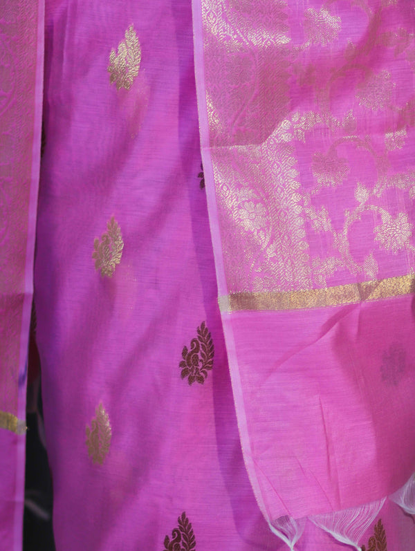 Banarasee Cotton Silk Salwar Kameez Fabric With Zari Jaal Design Dupatta Set-Pink