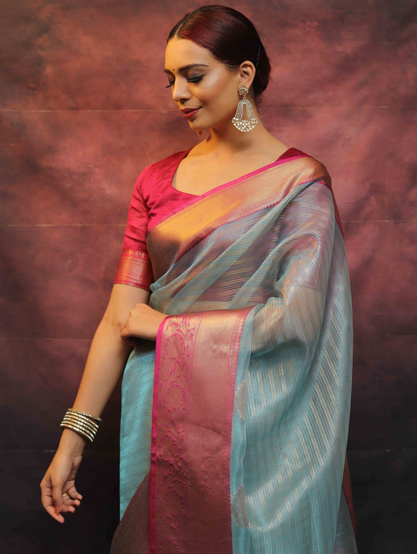 Banarasee Contrast Border Big Buta Tissue Saree-Blue & Pink