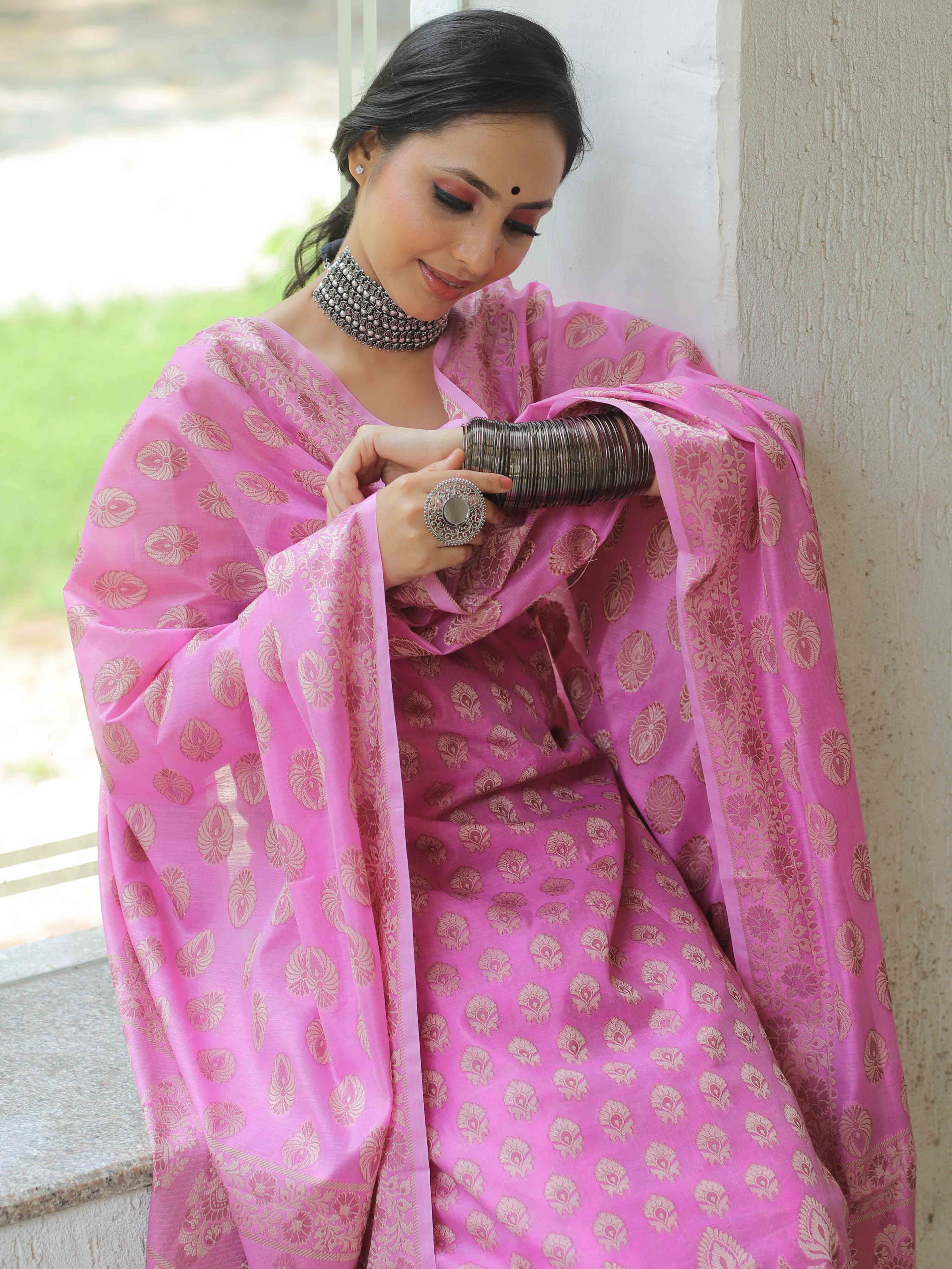 Banarasee Salwar Kameez Cotton Silk Resham Buti Woven Fabric-Pink