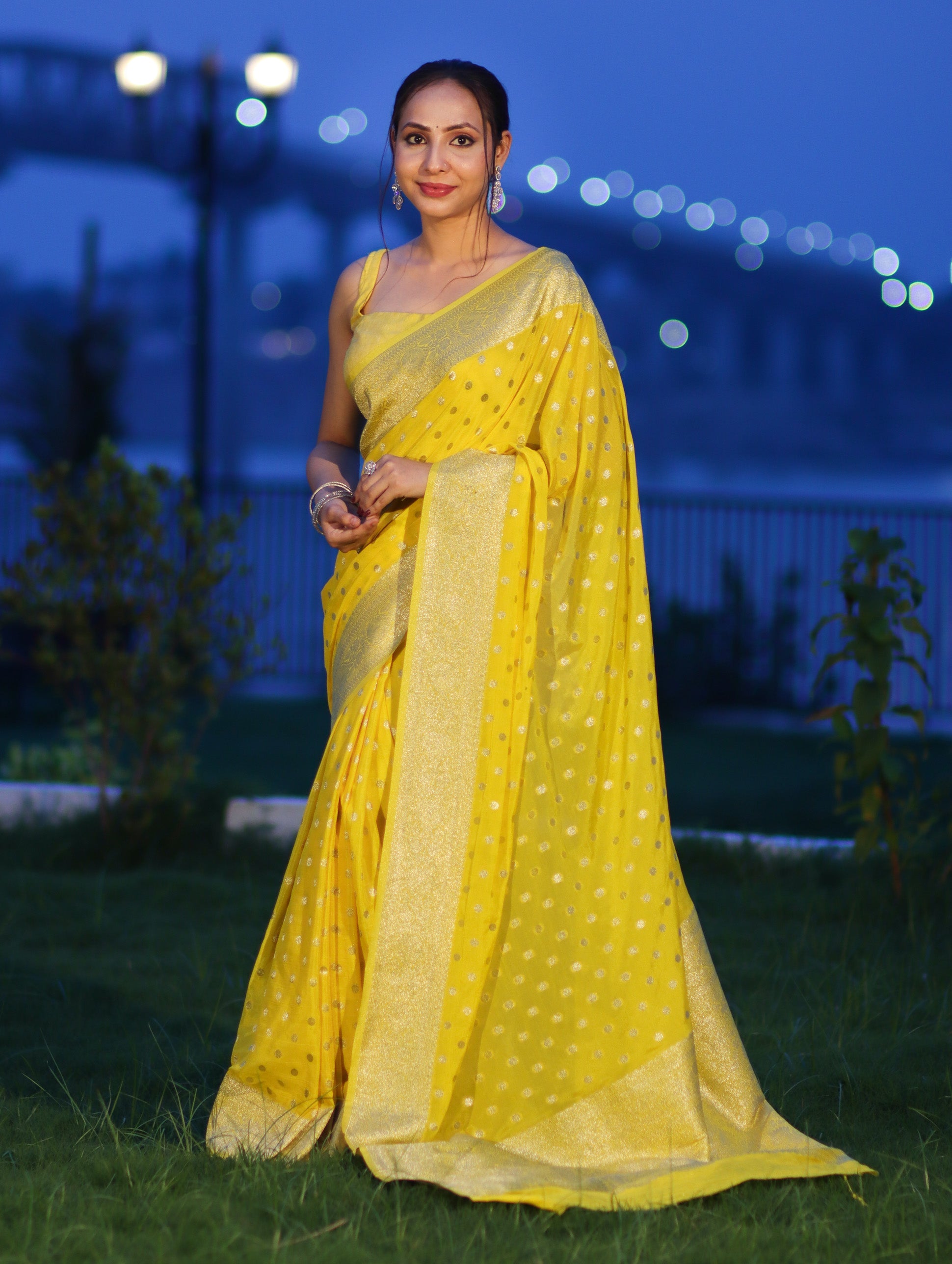 Banarasee Handwoven Chiffon Saree With Polka Dots Design & Border-Yellow