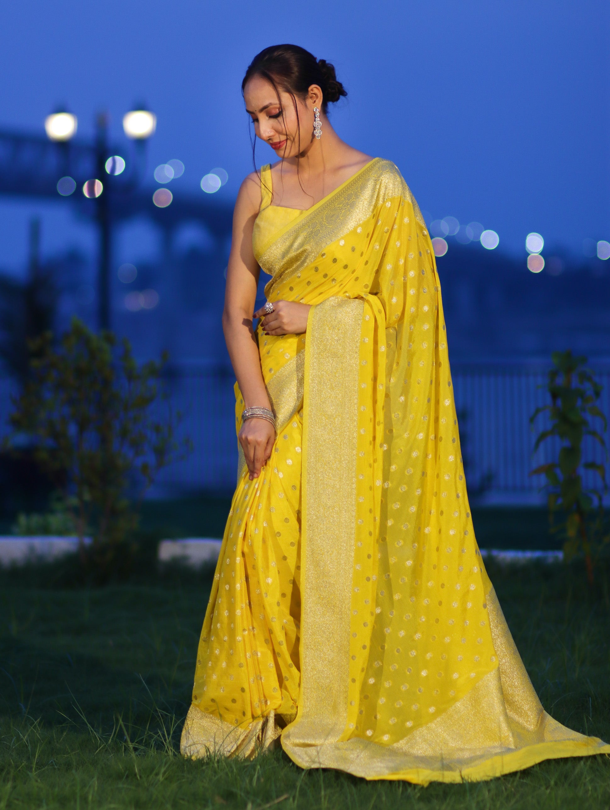 Banarasee Handwoven Chiffon Saree With Polka Dots Design & Border-Yellow