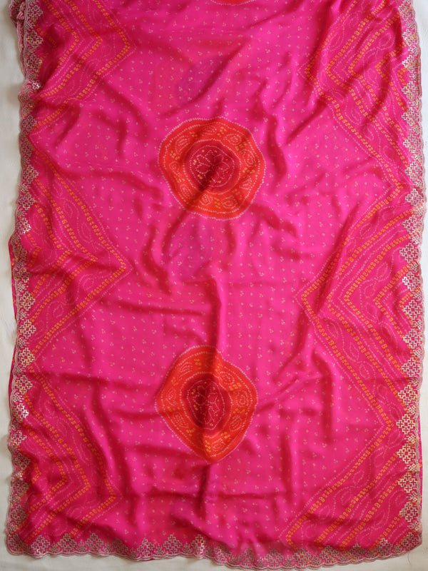 Banarasee Chiffon Bandhani Print Saree & Hand Work With Contrast Blouse-Pink
