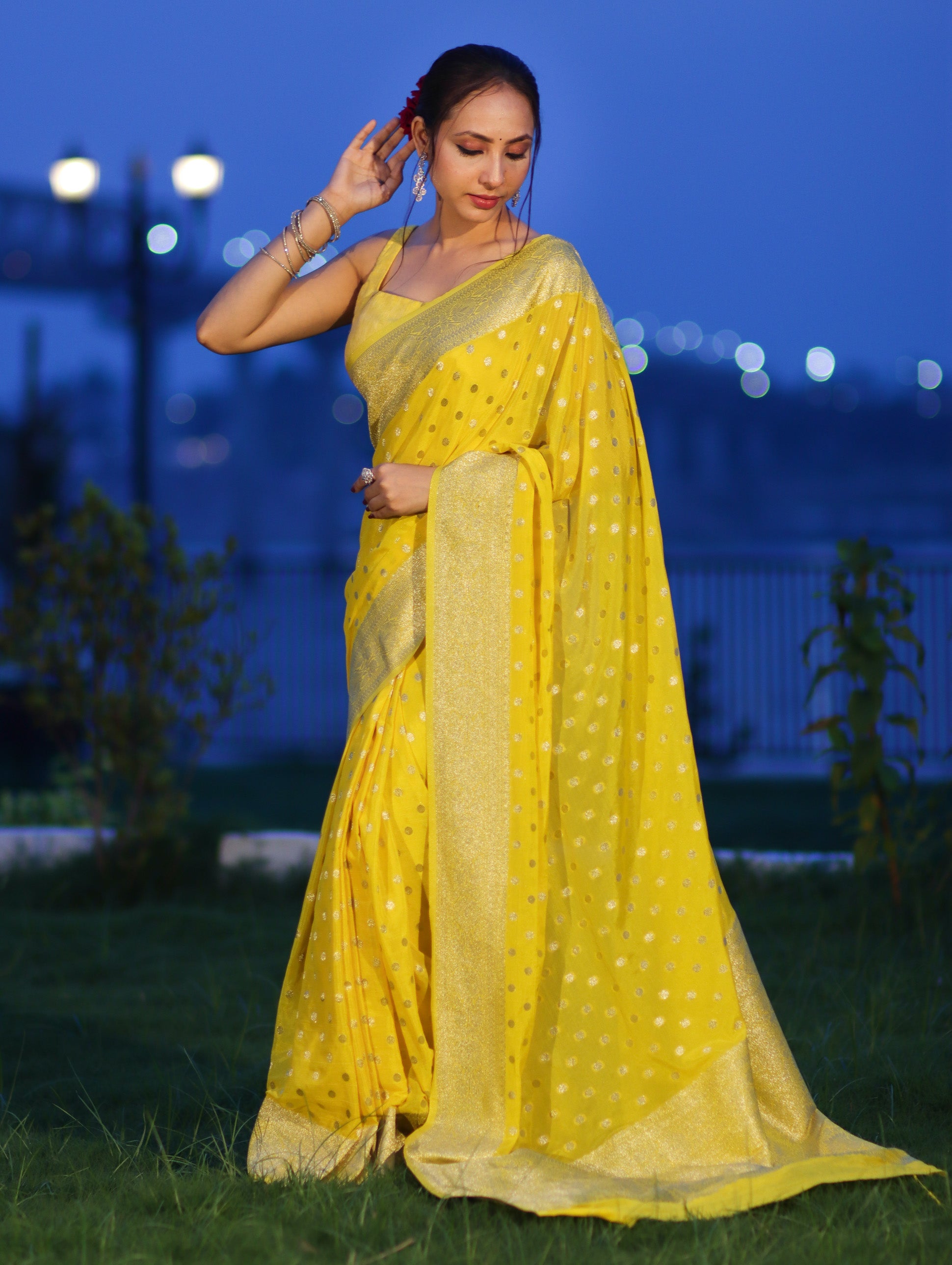 Banarasee Handwoven Chiffon Saree With Polka Dots Design & Border-Yellow
