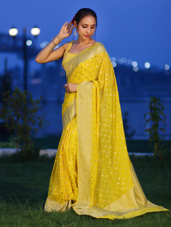 Banarasee Handwoven Chiffon Saree With Polka Dots Design & Border-Yellow