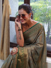 Banarasee Handwoven Semi Silk Saree With Zari Jaal Design & Border-Green(Dual Tone)