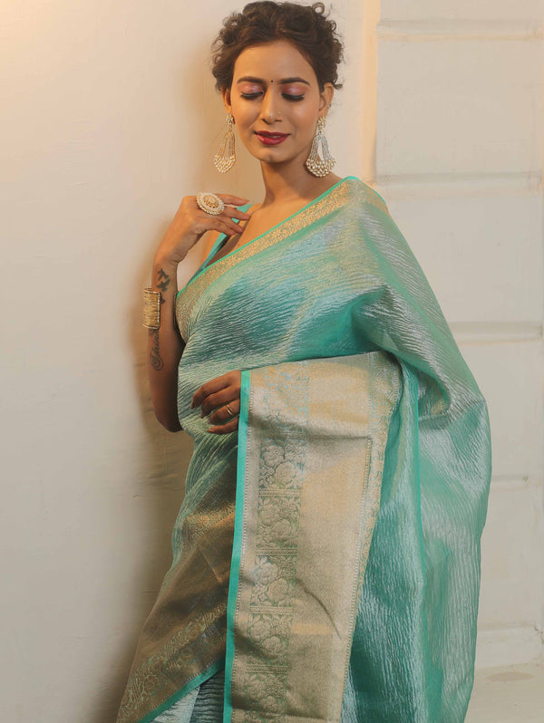 Banarasee Handwoven Crushed Tissue Saree-Blue