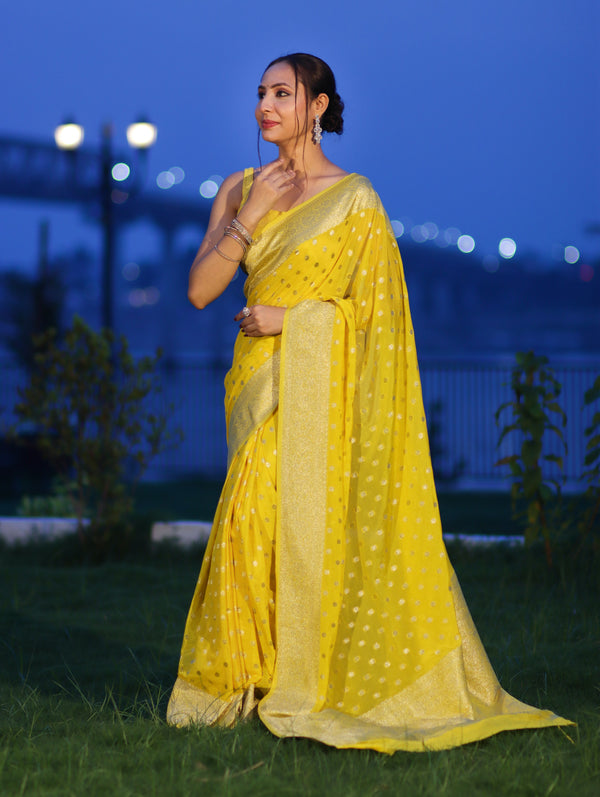 Banarasee Handwoven Chiffon Saree With Polka Dots Design & Border-Yellow