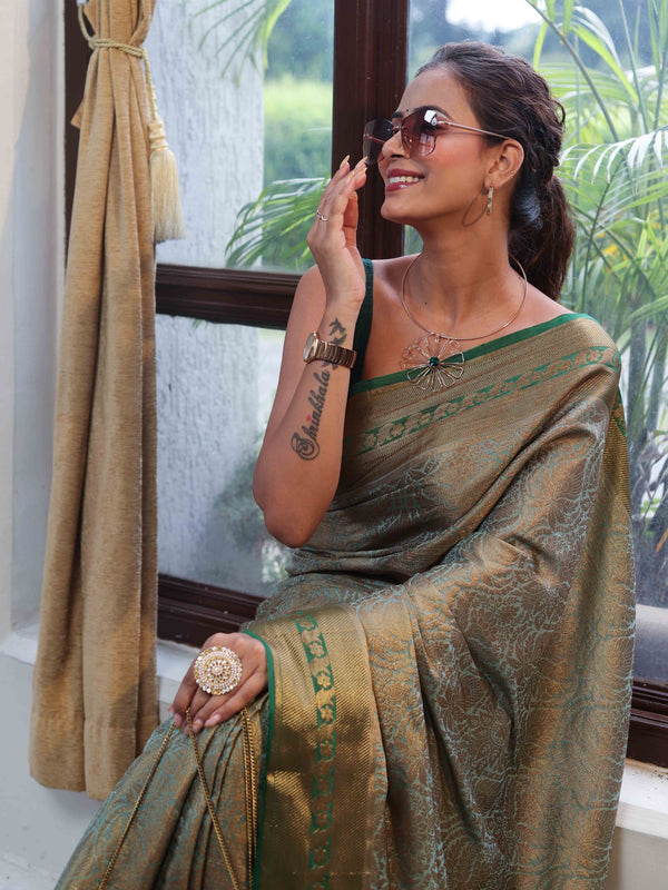 Banarasee Handwoven Semi Silk Saree With Zari Jaal Design & Border-Green(Dual Tone)