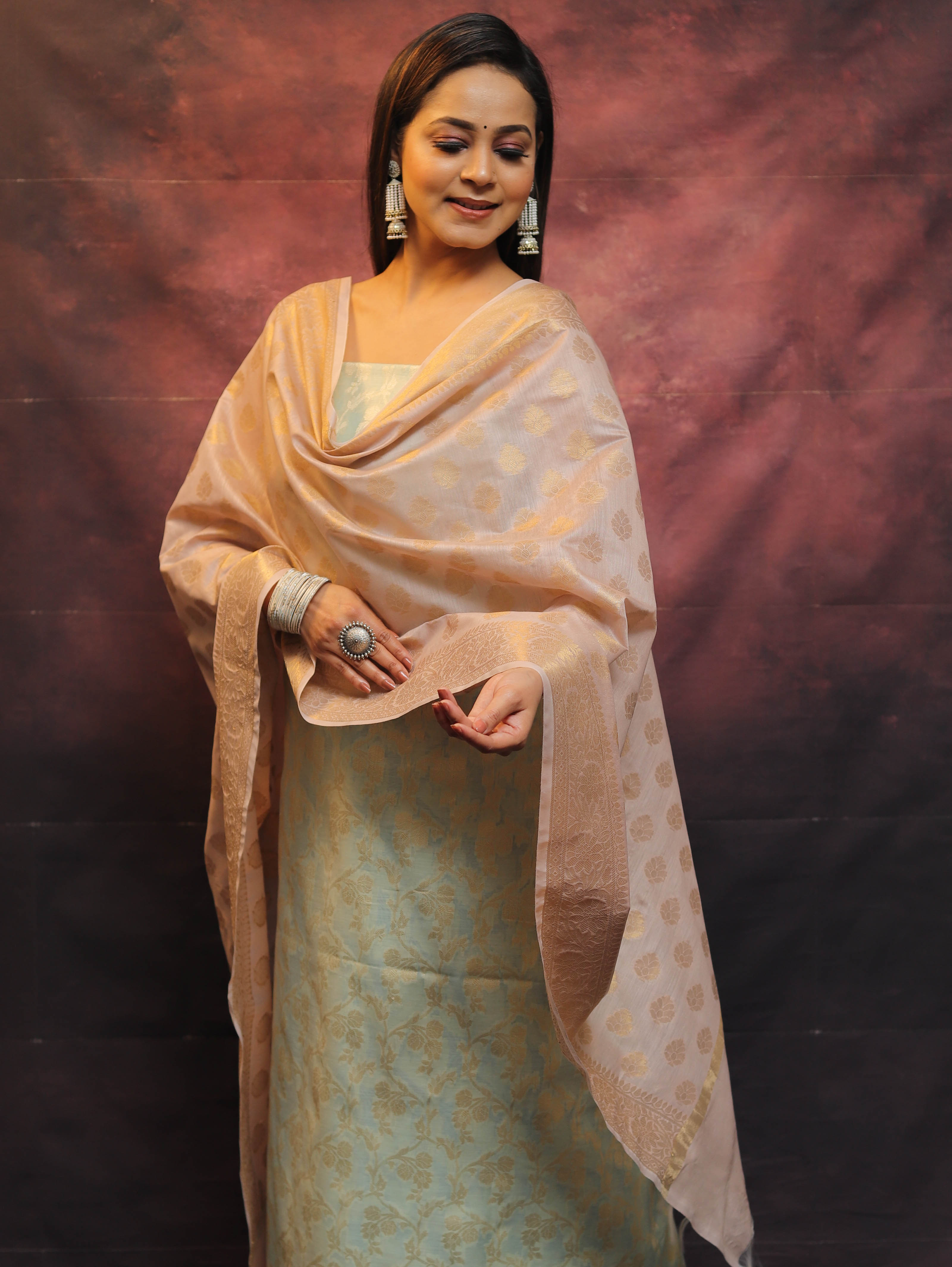 Banarasee Chanderi Cotton Salwar Kameez Set With Zari Work-Blue & Pink