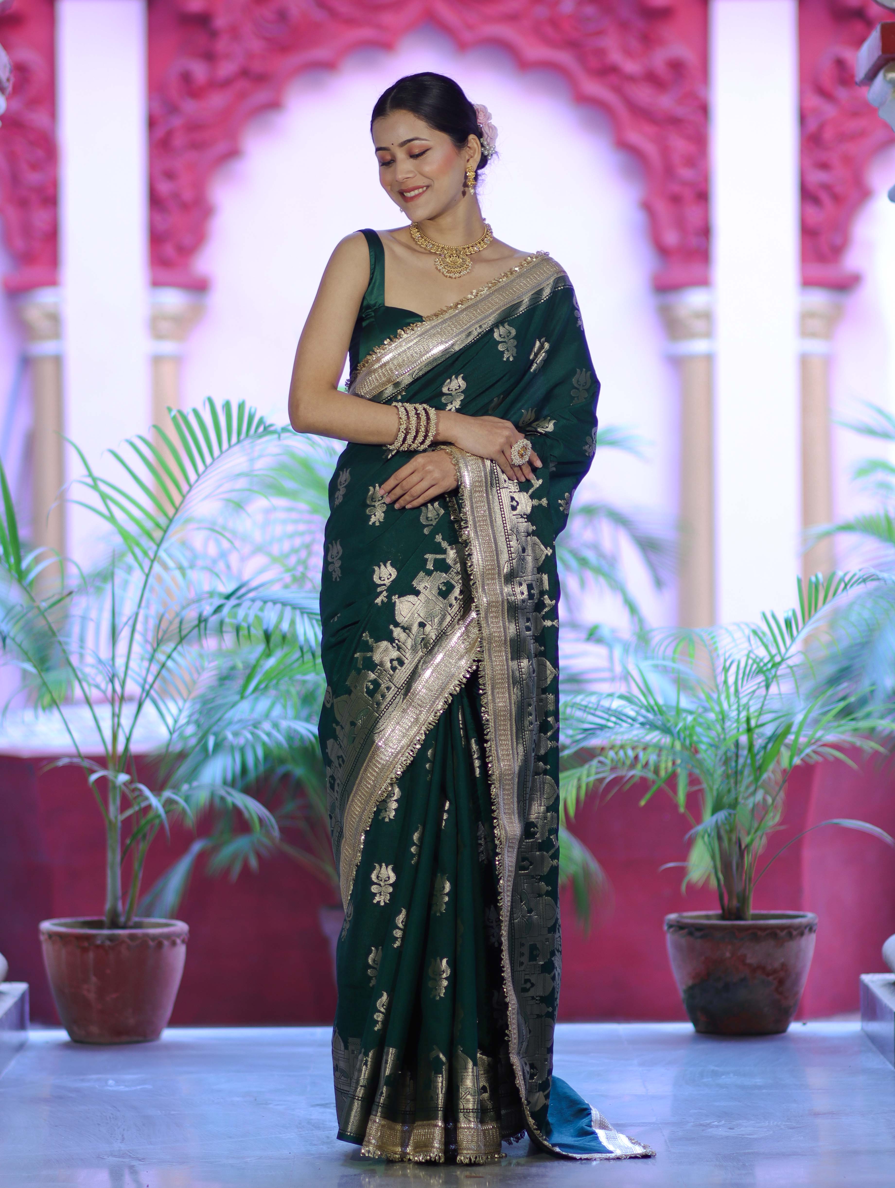 Banarasee Handloom Soft Silk Saree With Trishul Design Ganga Ghat Border & Lace-Green